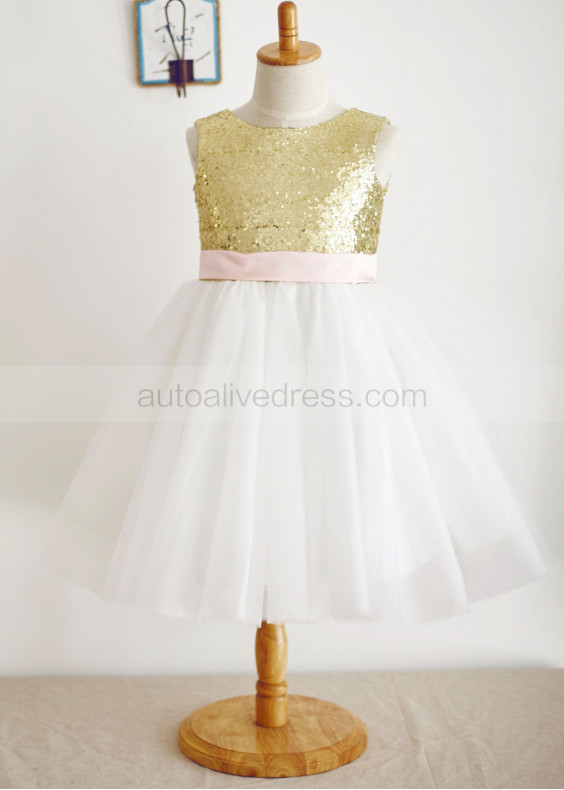 Gold Sequin Ivory Tulle Pink Bow Knee Length Flower Girl Dress 